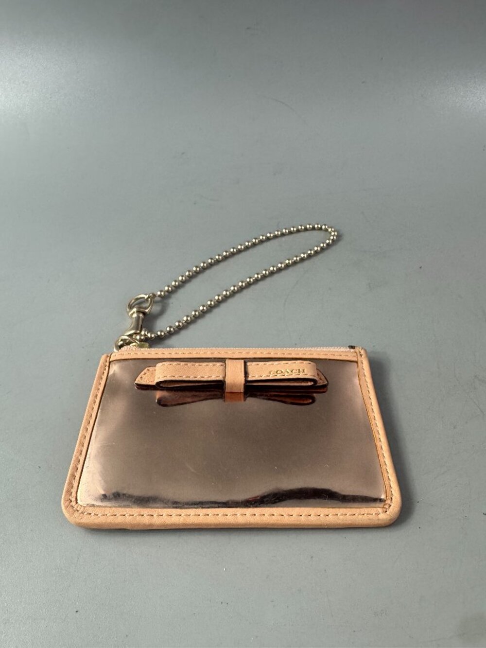 COACH ZIP CARD CASE in shiny rose gold wallet & ball-chain wristlet